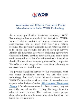 Wastewater and Effluent Treatment Plants Manufacturer in India, WOG Technology