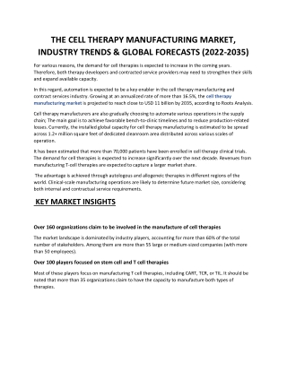 Cell Therapy Manufacturing Market | Industry Analysis- 2022-2035