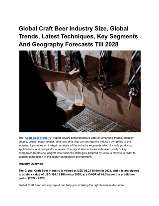 Global Craft Beer Industry Size, Global Trends, Latest Techniques, Key Segments