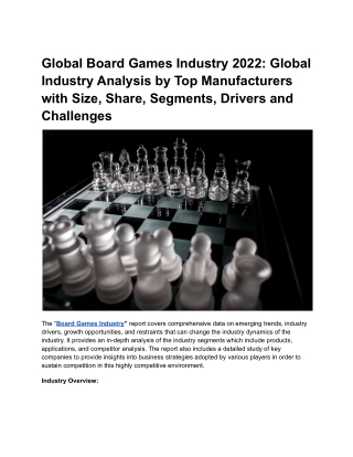 Global Board Games Industry 2022: Global Industry Analysis by Top Manufacturers