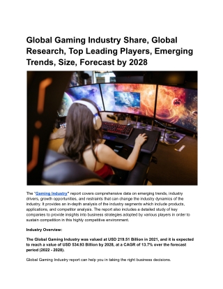 Global Gaming Industry Share, Global Research, Top Leading Players, Emerging .
