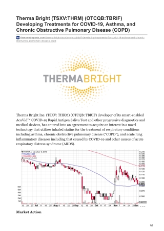 Therma Bright (TSXV:THRM) (OTCQB:TBRIF) Developing Treatments for COVID-19