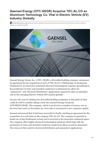 Gaensel Energy (OTC:GEGR) Acquires TEC.AL.CO an Aluminum Technology Co.