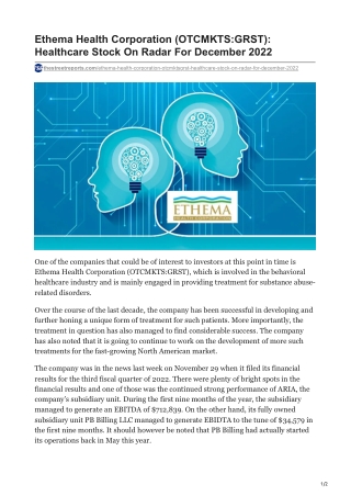 Ethema Health Corporation OTCMKTSGRST Healthcare Stock On Radar For December 2022