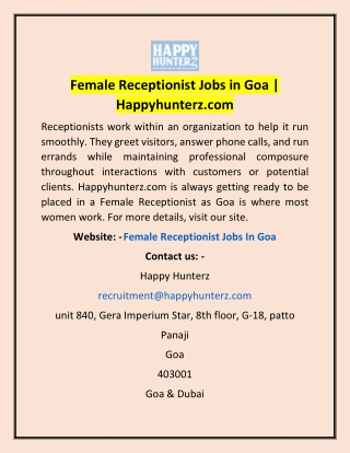 Female Receptionist Jobs in Goa | Happyhunterz.com