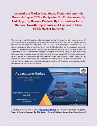 Aquaculture Market Size, Share, Trends and Analysis Research Report 2022