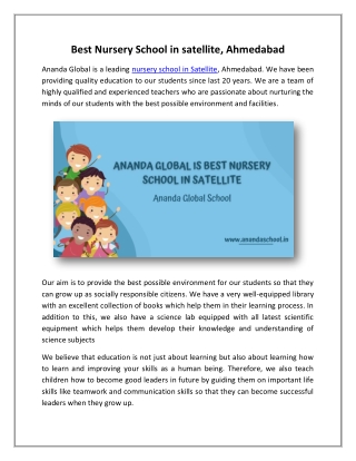 Ananda Global Best Nursery School In satellite