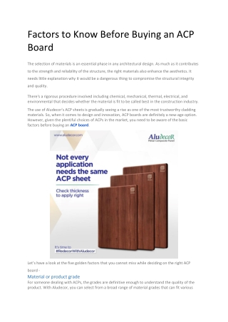 Factors to Know Before Buying an ACP Board