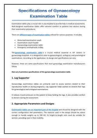 Specifications of Gynaecology Examination Table
