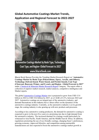 Global Automotive Coatings Market Trends, Application and Regional Forecast to 2022-2027