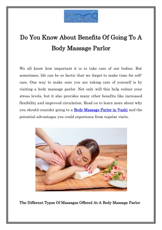 Do You Know About Benefits Of Going To A Body Massage Parlor