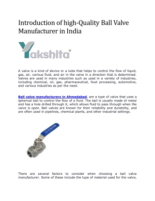Introduction of high-Quality Ball Valve Manufacturer in India