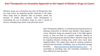 Gain Therapeutics on Innovative Approach on the Impact of Allosteric Drugs on Cancer