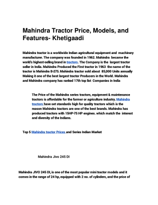 Mahindra tractor feature & Price