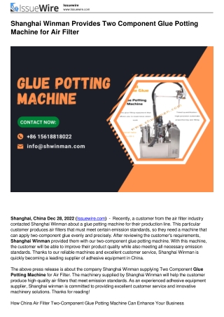 Shanghai Winman Provides Two Component Glue Potting Machine for Air Filter