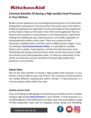 Common Benefits Of Having a High-quality Food Processor in Your Kitchen