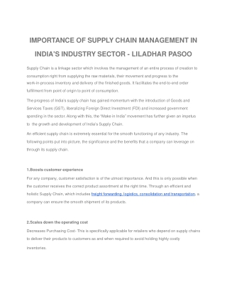 IMPORTANCE OF SUPPLY CHAIN MANAGEMENT IN INDIA'S INDUSTRY SECTOR - LILADHAR PASOO