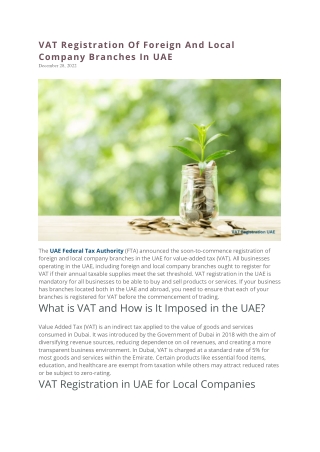 VAT Registration Of Foreign And Local Company Branches In UAE