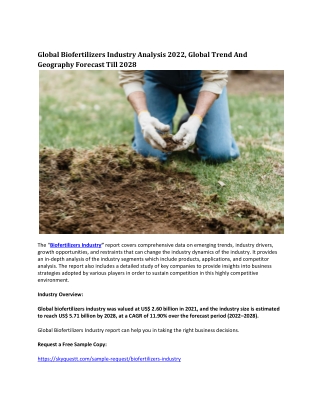 Global Biofertilizers Industry Analysis 2022, Global Trend And Geography .