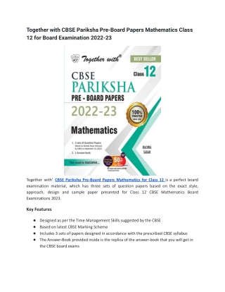 ‘Together with’ CBSE Pariksha Pre-Board Papers Mathematics for Class 12