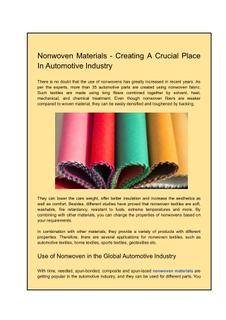 Nonwoven Materials - Creating A Crucial Place In Automotive Industry