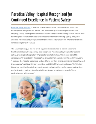 Paradise Valley Hospital Recognized for Continued Excellence in Patient Safety