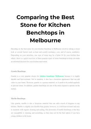 Comparing the Best Stone for Kitchen Benchtops in Melbourne