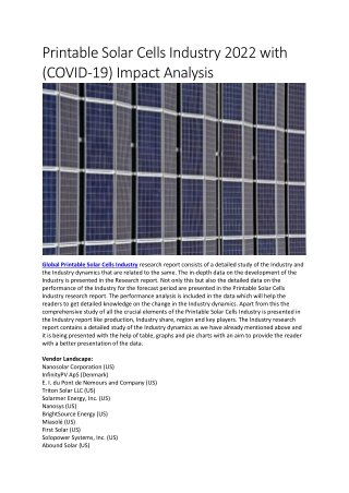 Printable Solar Cells Market 2022