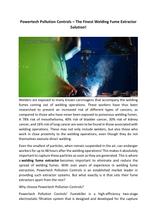 Powertech Pollution Controls – The Finest Welding Fume Extractor Solution