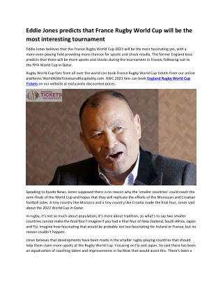 Eddie Jones predicts that France Rugby World Cup will be the most interesting tournament