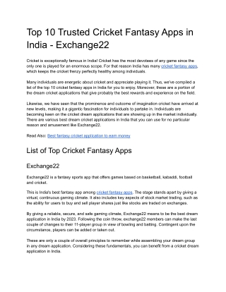 Top 10 Trusted Cricket Fantasy Apps in India - Exchange22