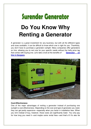 Do You Know Why Renting a Generator