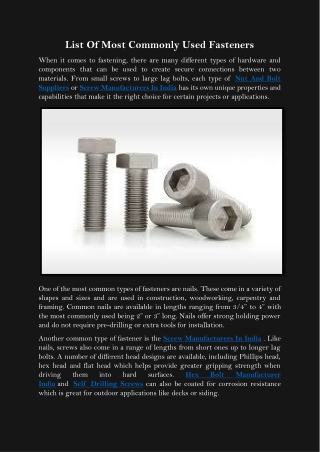 List Of Most Commonly Used Fasteners