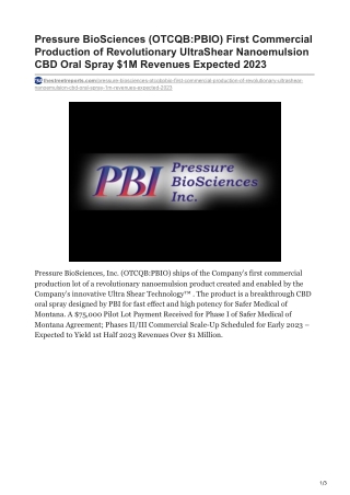 Pressure BioSciences (OTCQB:PBIO) First Commercial Production of Revolutionary