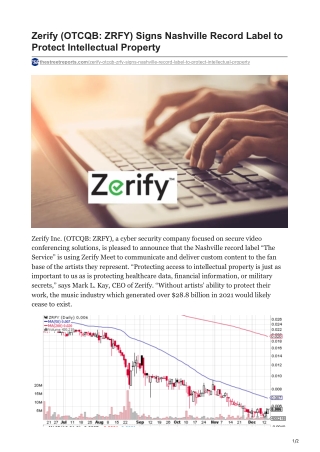 Zerify OTCQB ZRFY Signs Nashville Record Label to Protect Intellectual Property