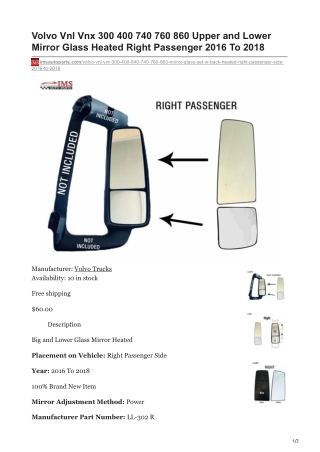 imsautoparts.com-Volvo Vnl Vnx 300 400 740 760 860 Upper and Lower Mirror Glass Heated Right Passenger 2016 To 2018