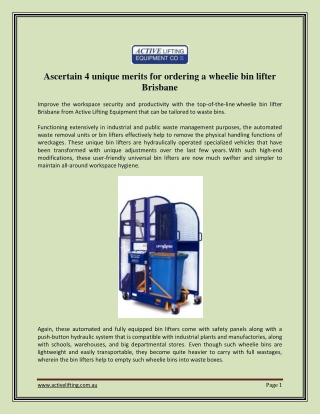 Ascertain 4 unique merits for ordering a wheelie bin lifter Brisbane