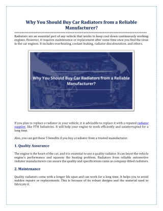 Why You Should Buy Car Radiators from a Reliable Manufacturer