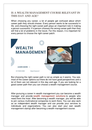 IS A WEALTH MANAGEMENT COURSE RELEVANT IN THIS DAY AND AGE