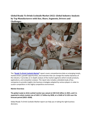 Global Ready To Drink Cocktails Market 2022: Global Market Analysis by Top Trend
