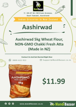 Aashirwad 5kg Wheat Flour, NON-GMO Chakki Fresh Atta (Made in NZ)