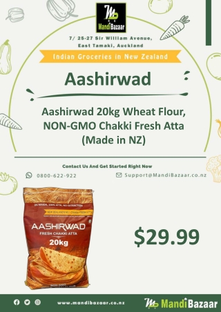 Aashirwad 20kg Wheat Flour, NON-GMO Chakki Fresh Atta (Made in NZ)