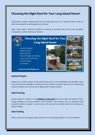 Choosing the Right Roof for Your Long Island Home!