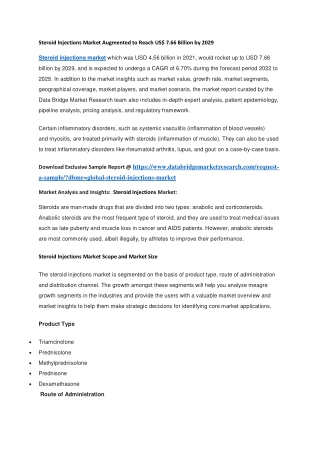 Steroid Injections Market Augmented to Reach US 7.66 Billion by 2029
