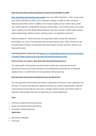 Next-Generation Biomanufacturing Market to Reach US 42.58 Billion by 2029