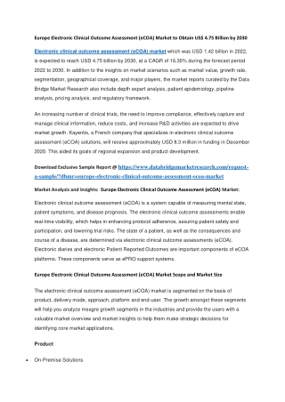 Europe Electronic Clinical Outcome Assessment (eCOA) Market to Obtain US 4.75 Billion by 2030