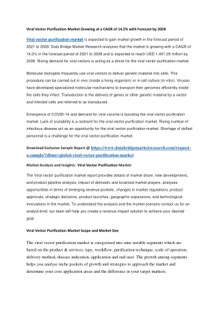 Viral Vector Purification Market Growing at a CAGR of 14.2 with Forecast by 2028