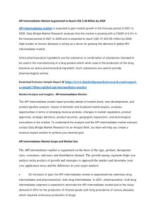 API Intermediates Market Augmented to Reach US 2.36 Billion by 2029