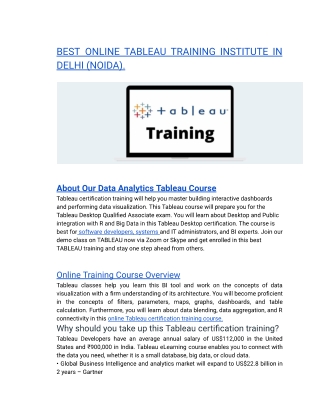 BEST ONLINE TABLEAU TRAINING INSTITUTE IN DELHI (NOIDA).