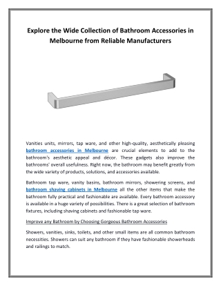Explore the Wide Collection of Bathroom Accessories in Melbourne from Reliable Manufacturers